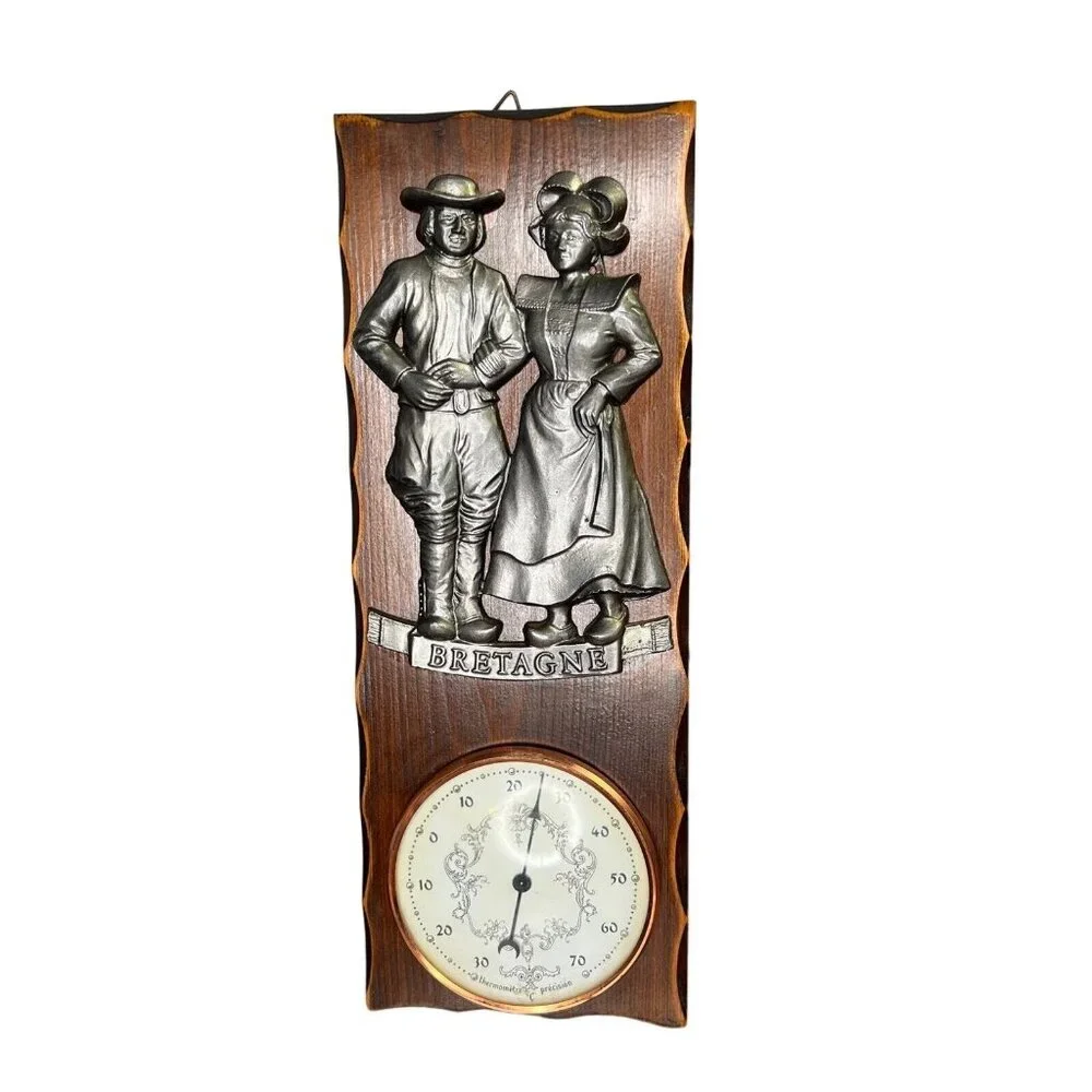 Vintage Wooden & Metal Bretagne France Barometer Man Woman Colonial 12”x4.5”